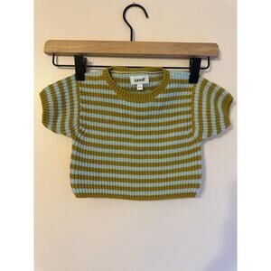 Oeuf 100% Cotton Cable Knit Short Sleeve Sweater Olive Green & Blue Stripe 12-18
